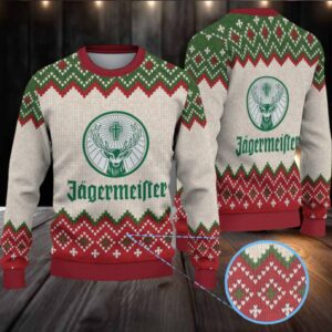 Beige Green and Red Fair Isle Zigzag Ugly Christmas Sweater Jagermeister Stag Logo