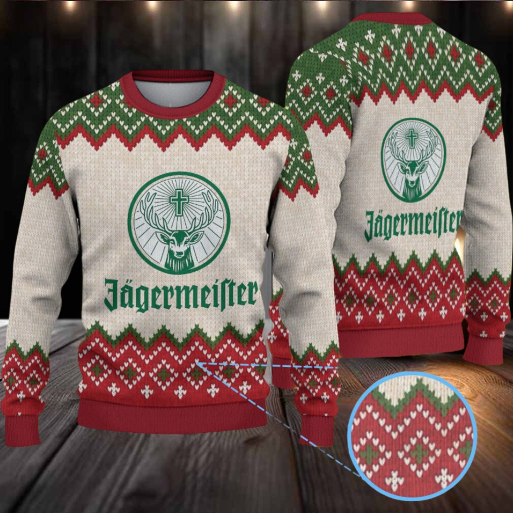 Beige Green and Red Fair Isle Zigzag Ugly Christmas Sweater Jagermeister Stag Logo Beige Green and Red Fair Isle Zigzag Ugly Christmas Sweater Jagermeister Stag Logo