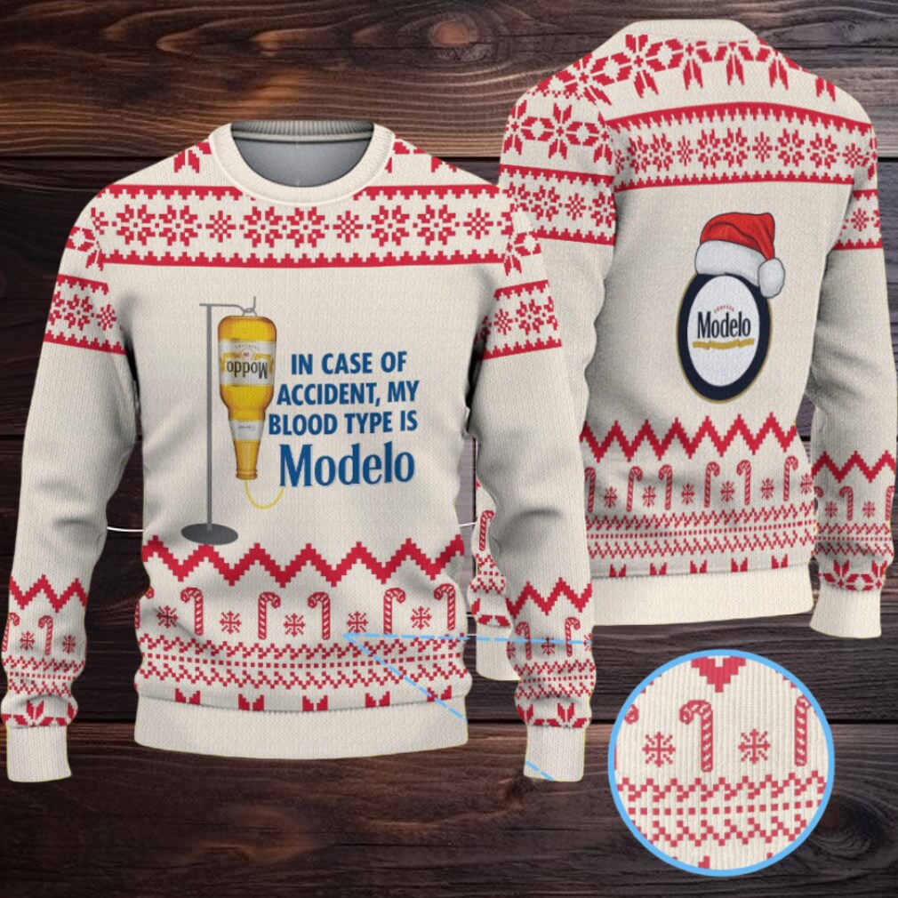 Beige & Red Candy Cane Pattern “My Blood Type Is Modelo Beer” Ugly Christmas Sweater Beige & Red Candy Cane Pattern “My Blood Type Is Modelo Beer” Ugly Christmas Sweater