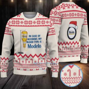 Beige & Red Candy Cane Pattern “My Blood Type Is Modelo Beer” Ugly Christmas Sweater