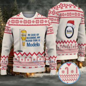 Beige & Red Candy Cane Pattern “My Blood Type Is Modelo Beer” Ugly Christmas Sweater