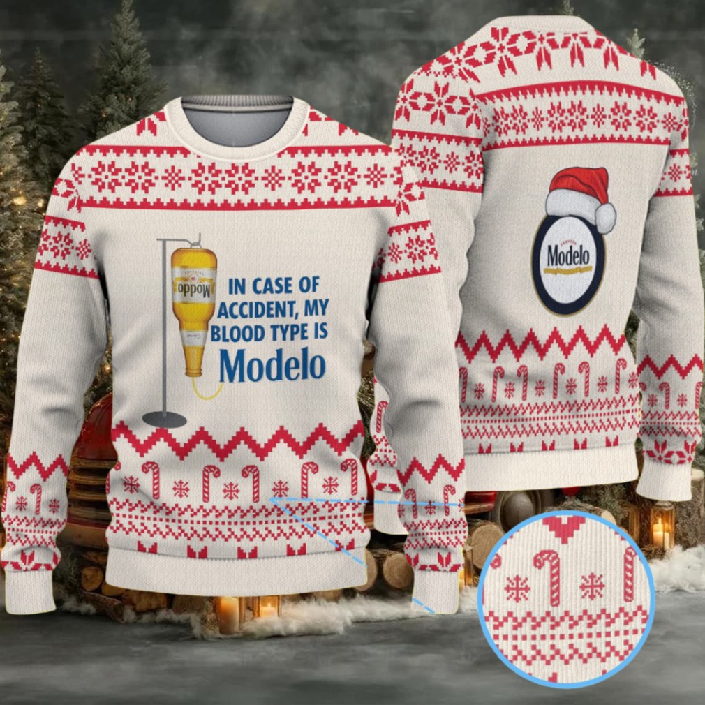Beige & Red Candy Cane Pattern “My Blood Type Is Modelo Beer” Ugly Christmas Sweater Beige & Red Candy Cane Pattern “My Blood Type Is Modelo Beer” Ugly Christmas Sweater