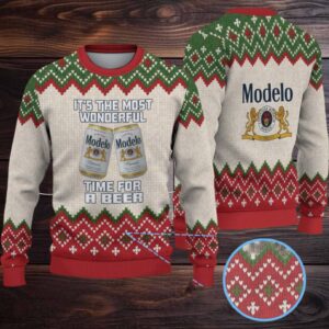 Beige, Red & Green Diamond Pattern “Modelo Beer Christmas Edition” Ugly Sweater