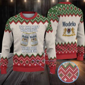 Beige, Red & Green Diamond Pattern “Modelo Beer Christmas Edition” Ugly Sweater
