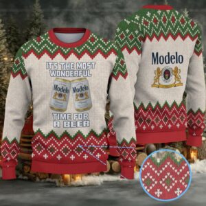 Beige, Red & Green Diamond Pattern “Modelo Beer Christmas Edition” Ugly Sweater