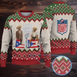 Beige & Red Knit Christmas Tree Pattern “Bad Bunny Holiday Trophy” Ugly Christmas Sweater Beige & Red Knit Christmas Tree Pattern “Bad Bunny Holiday Trophy” Ugly Christmas Sweater