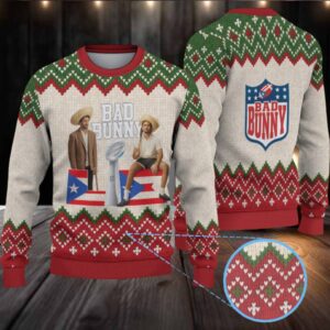 Beige & Red Knit Christmas Tree Pattern “Bad Bunny Holiday Trophy” Ugly Christmas Sweater