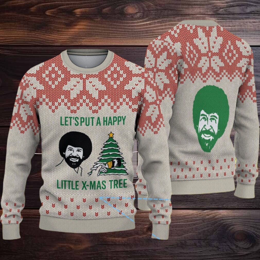 Beige & Red Snowflake Pattern “Bob Ross Happy Little X Mas Tree” Ugly Christmas Sweater Beige & Red Snowflake Pattern “Bob Ross Happy Little X Mas Tree” Ugly Christmas Sweater