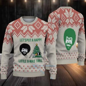 Beige & Red Snowflake Pattern “Bob Ross Happy Little X Mas Tree” Ugly Christmas Sweater