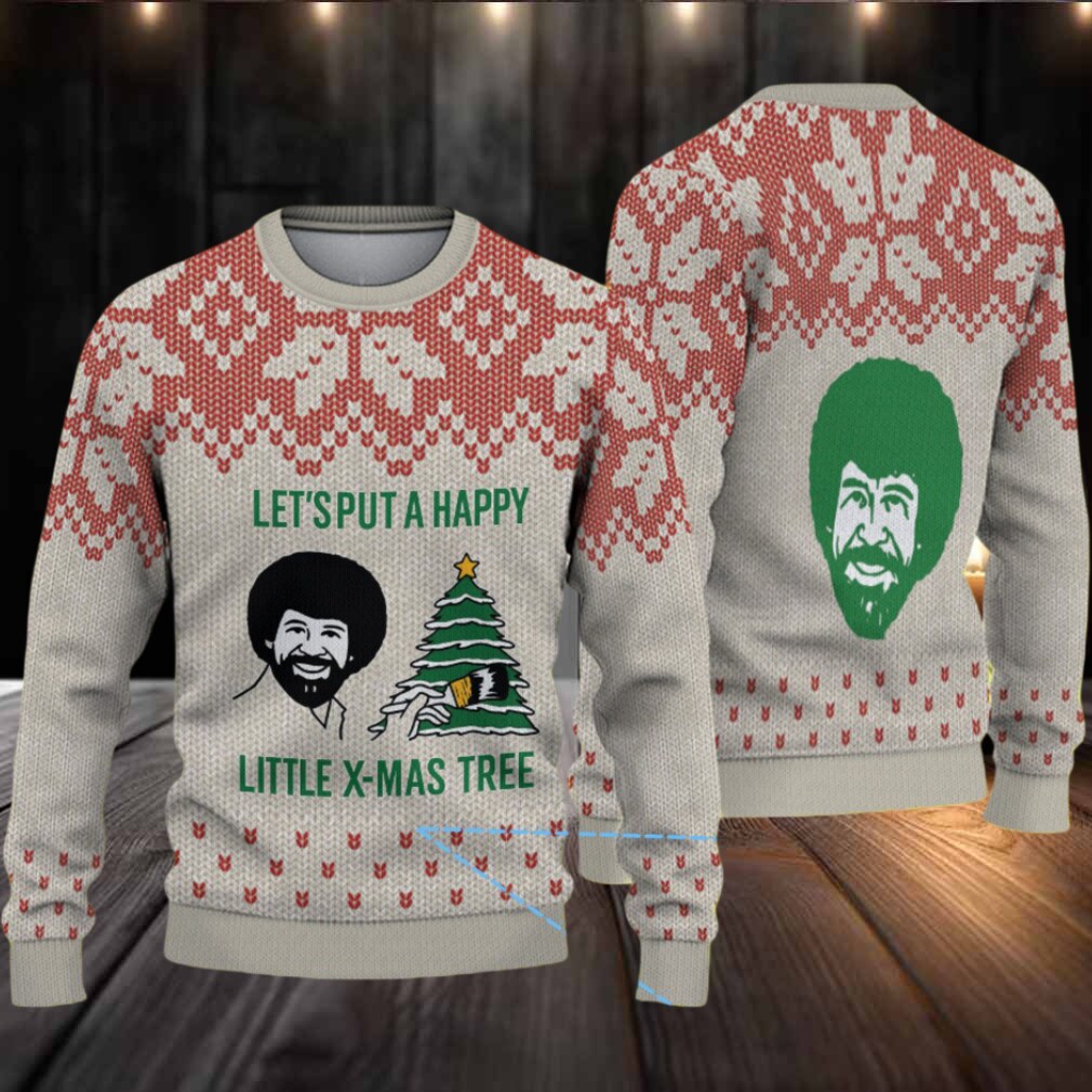 Beige & Red Snowflake Pattern “Bob Ross Happy Little X Mas Tree” Ugly Christmas Sweater Beige & Red Snowflake Pattern “Bob Ross Happy Little X Mas Tree” Ugly Christmas Sweater