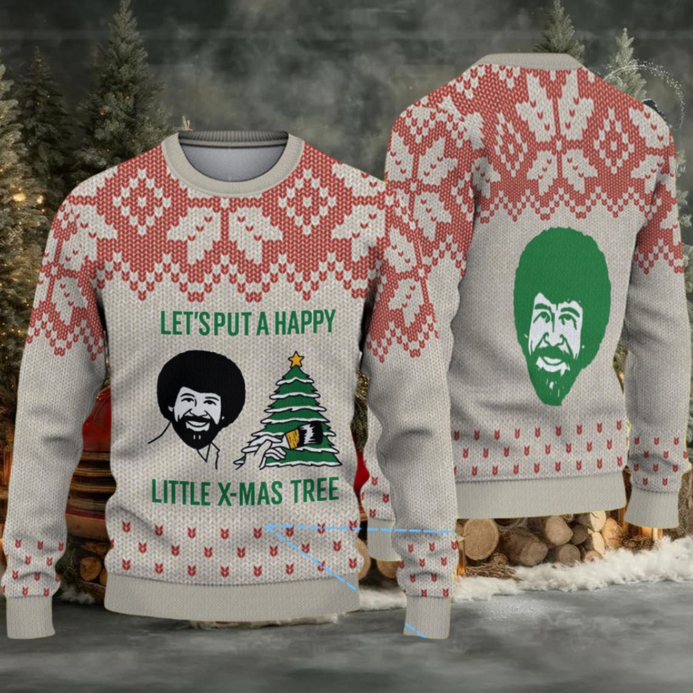 Beige & Red Snowflake Pattern “Bob Ross Happy Little X Mas Tree” Ugly Christmas Sweater Beige & Red Snowflake Pattern “Bob Ross Happy Little X Mas Tree” Ugly Christmas Sweater