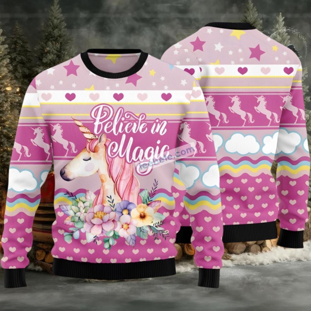Believe In Magic Unicorn Flower Ugly Christmas Sweater Pink Womens Believe In Magic Unicorn Flower Ugly Christmas Sweater Pink Womens