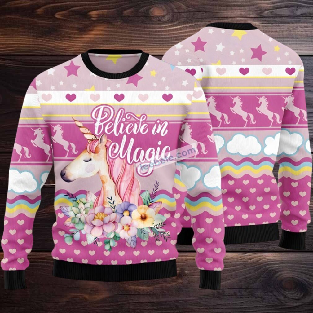 Believe In Magic Unicorn Flower Ugly Christmas Sweater Pink Womens Believe In Magic Unicorn Flower Ugly Christmas Sweater Pink Womens