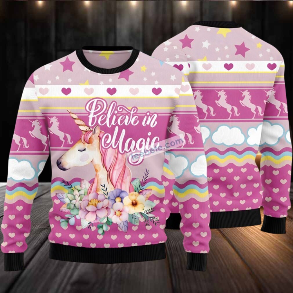 Believe In Magic Unicorn Flower Ugly Christmas Sweater Pink Womens Believe In Magic Unicorn Flower Ugly Christmas Sweater Pink Womens