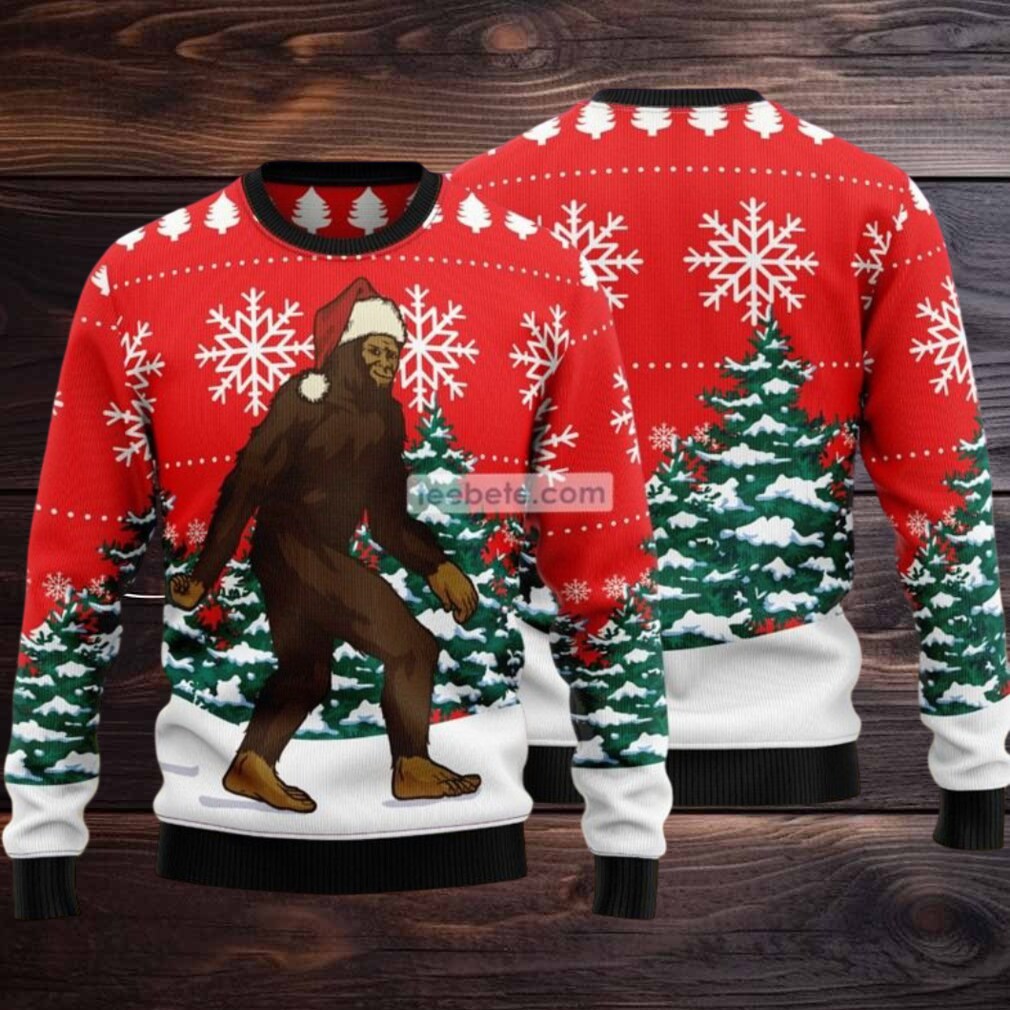 Bigfoot Walk In The Forest Ugly Christmas Sweater Red Light Up Bigfoot Walk In The Forest Ugly Christmas Sweater Red Light Up
