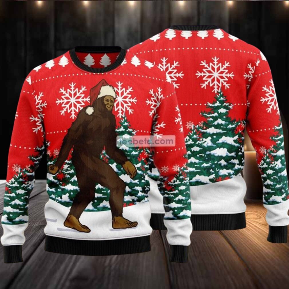 Bigfoot Walk In The Forest Ugly Christmas Sweater Red Light Up Bigfoot Walk In The Forest Ugly Christmas Sweater Red Light Up