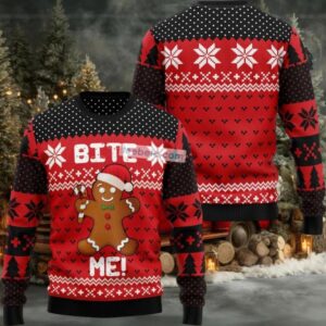 Bite Me Xmas Gingerbread Man Ugly Christmas Sweater Womens