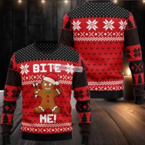 Bite Me Xmas Gingerbread Man Ugly Christmas Sweater Womens