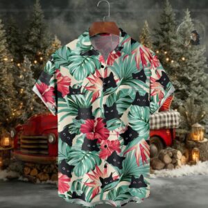 Black Cat Floral Hawaiian Print Short Sleeve Casual Shirt