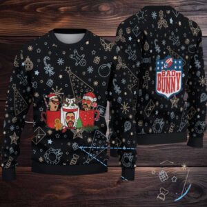 Black Christmas Pattern “Bad Bunny Hot Cocoa Party” Ugly Christmas Sweater