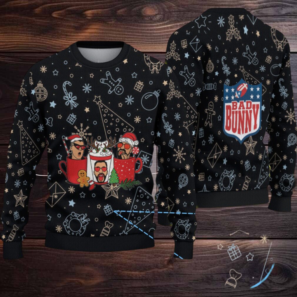 Black Christmas Pattern “Bad Bunny Hot Cocoa Party” Ugly Christmas Sweater Black Christmas Pattern “Bad Bunny Hot Cocoa Party” Ugly Christmas Sweater