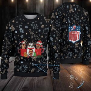 Black Christmas Pattern “Bad Bunny Hot Cocoa Party” Ugly Christmas Sweater