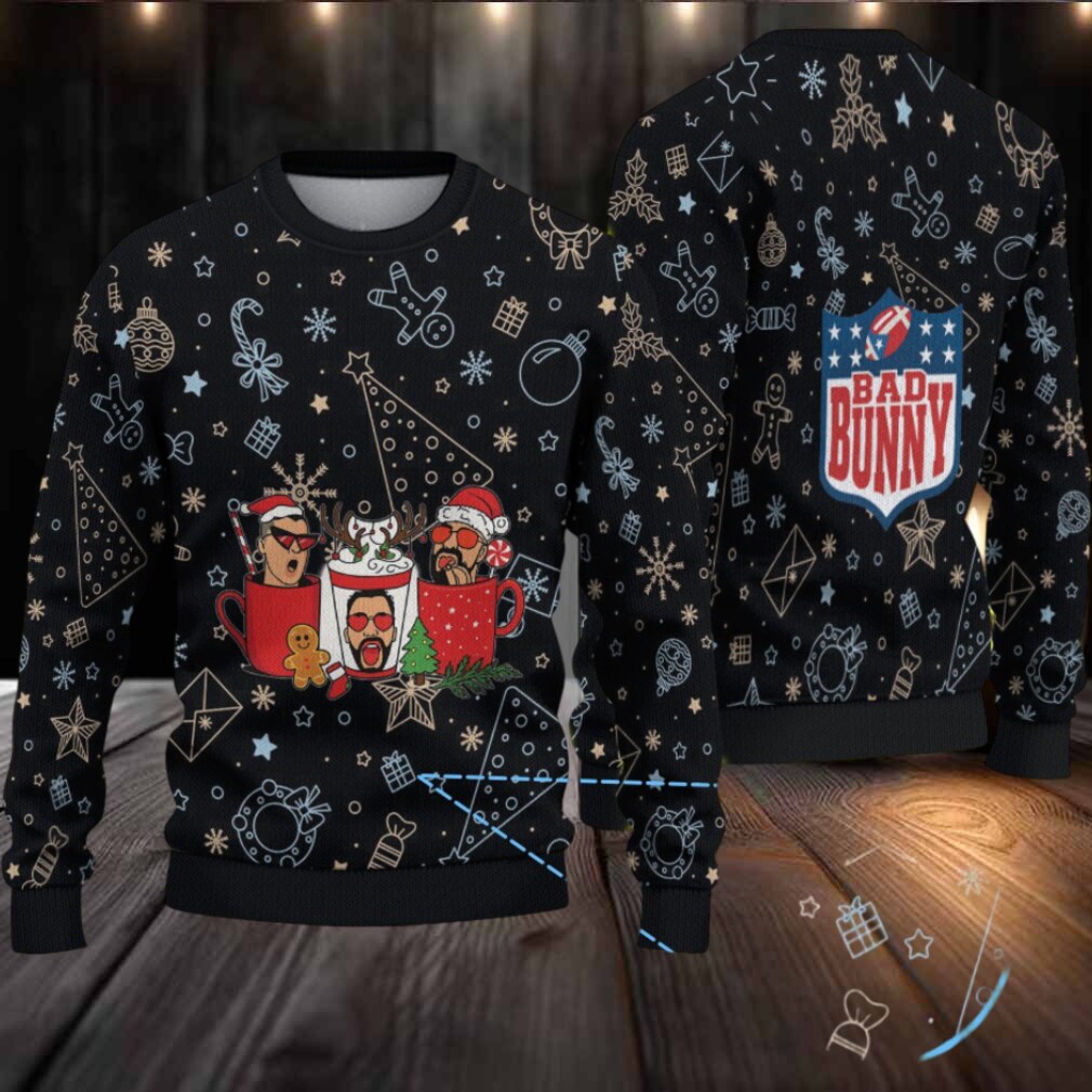 Black Christmas Pattern “Bad Bunny Hot Cocoa Party” Ugly Christmas Sweater Black Christmas Pattern “Bad Bunny Hot Cocoa Party” Ugly Christmas Sweater