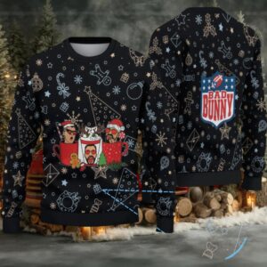 Black Christmas Pattern “Bad Bunny Hot Cocoa Party” Ugly Christmas Sweater
