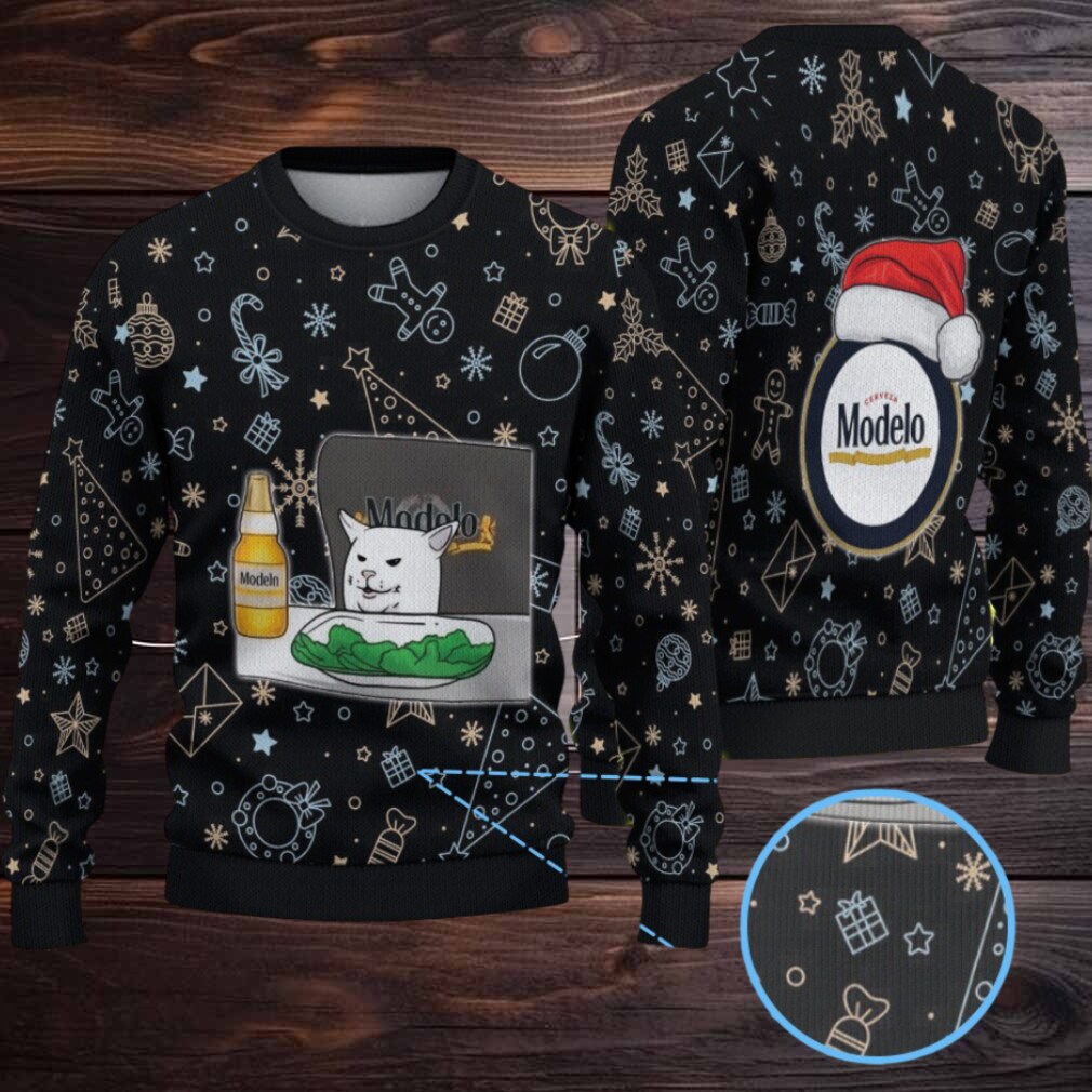 Black Christmas Pattern “Modelo Beer Cat Meme & Santa Hat” Ugly Sweater Black Christmas Pattern “Modelo Beer Cat Meme & Santa Hat” Ugly Sweater