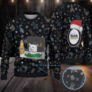 Black Christmas Pattern “Modelo Beer Cat Meme & Santa Hat” Ugly Sweater