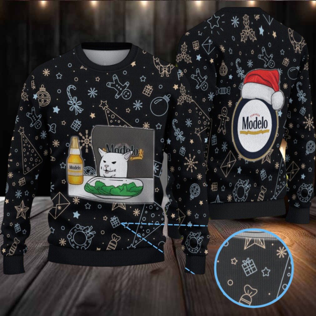 Black Christmas Pattern “Modelo Beer Cat Meme & Santa Hat” Ugly Sweater Black Christmas Pattern “Modelo Beer Cat Meme & Santa Hat” Ugly Sweater