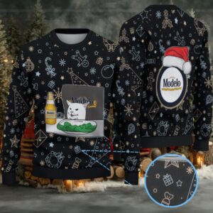 Black Christmas Pattern “Modelo Beer Cat Meme & Santa Hat” Ugly Sweater