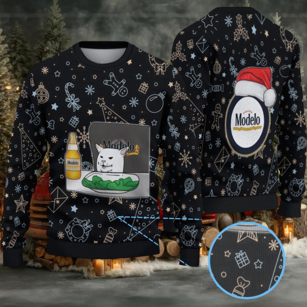Black Christmas Pattern “Modelo Beer Cat Meme & Santa Hat” Ugly Sweater Black Christmas Pattern “Modelo Beer Cat Meme & Santa Hat” Ugly Sweater