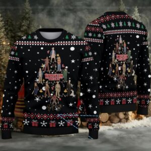Black Fair Isle Snowflake Ugly Christmas Sweater Stranger Things Cast Christmas Tree Pattern