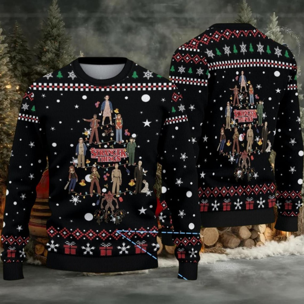 Black Fair Isle Snowflake Ugly Christmas Sweater Stranger Things Cast Christmas Tree Pattern Black Fair Isle Snowflake Ugly Christmas Sweater Stranger Things Cast Christmas Tree Pattern