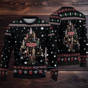 Black Fair Isle Snowflake Ugly Christmas Sweater Stranger Things Cast Christmas Tree Pattern
