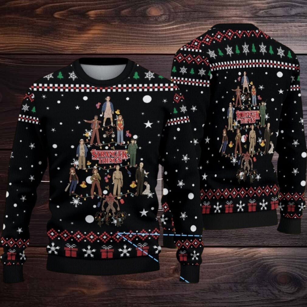 Black Fair Isle Snowflake Ugly Christmas Sweater Stranger Things Cast Christmas Tree Pattern Black Fair Isle Snowflake Ugly Christmas Sweater Stranger Things Cast Christmas Tree Pattern