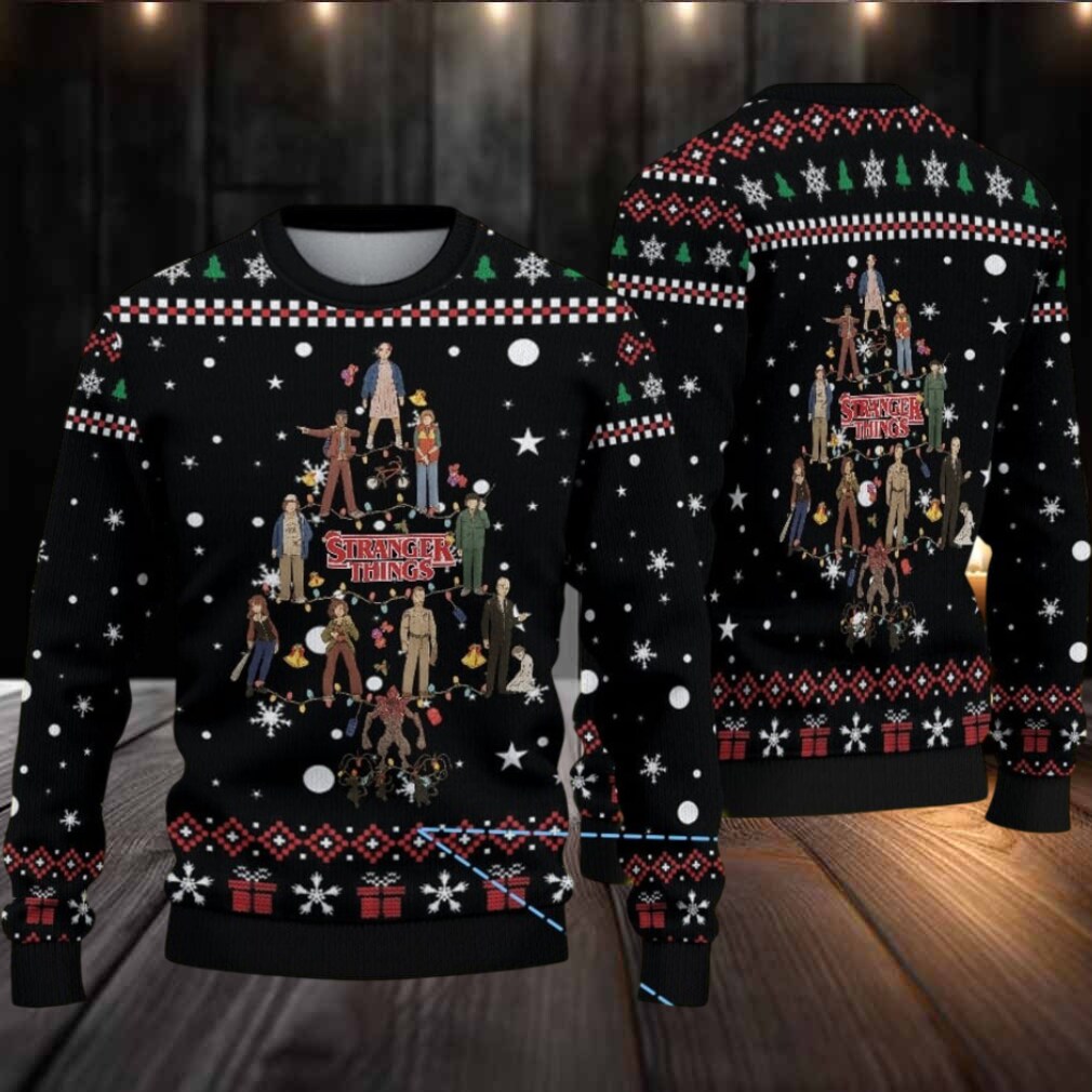 Black Fair Isle Snowflake Ugly Christmas Sweater Stranger Things Cast Christmas Tree Pattern Black Fair Isle Snowflake Ugly Christmas Sweater Stranger Things Cast Christmas Tree Pattern