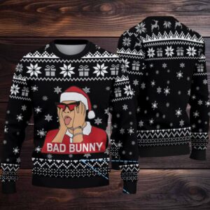 Black Gift & Snowflake Knit “Bad Bunny Santa Shock” Ugly Christmas Sweater