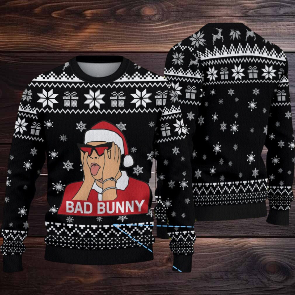 Black Gift & Snowflake Knit “Bad Bunny Santa Shock” Ugly Christmas Sweater Black Gift & Snowflake Knit “Bad Bunny Santa Shock” Ugly Christmas Sweater