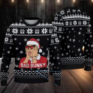 Black Gift & Snowflake Knit “Bad Bunny Santa Shock” Ugly Christmas Sweater