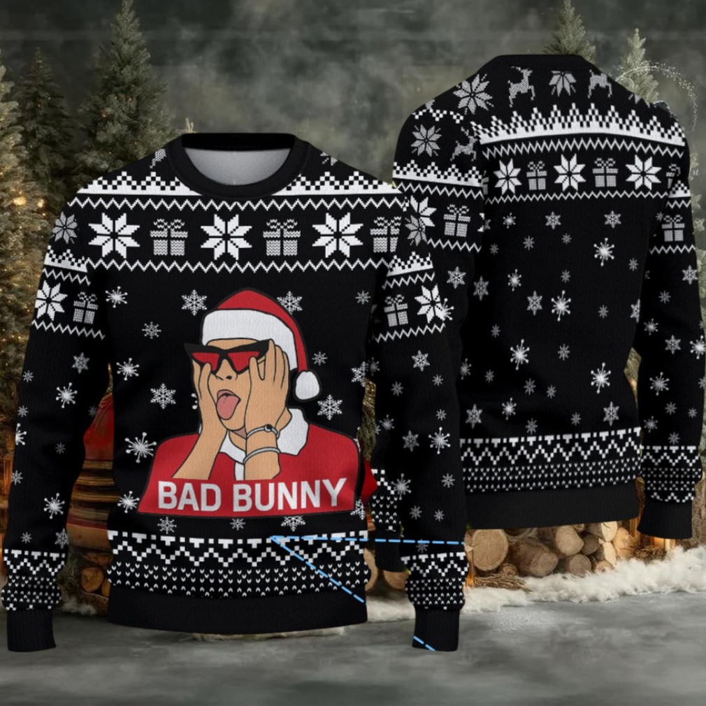 Black Gift & Snowflake Knit “Bad Bunny Santa Shock” Ugly Christmas Sweater Black Gift & Snowflake Knit “Bad Bunny Santa Shock” Ugly Christmas Sweater