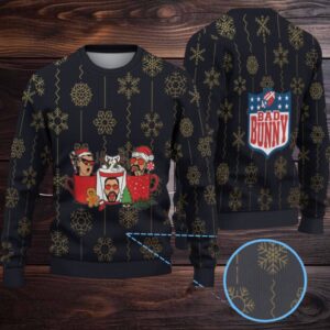 Black & Gold Snowflake Pattern “Bad Bunny Cocoa Crew” Ugly Christmas Sweater