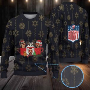 Black & Gold Snowflake Pattern “Bad Bunny Cocoa Crew” Ugly Christmas Sweater