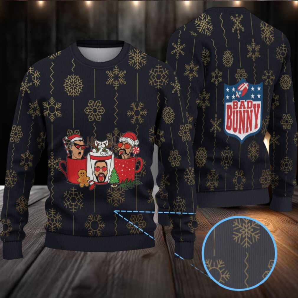 Black & Gold Snowflake Pattern “Bad Bunny Cocoa Crew” Ugly Christmas Sweater Black & Gold Snowflake Pattern “Bad Bunny Cocoa Crew” Ugly Christmas Sweater