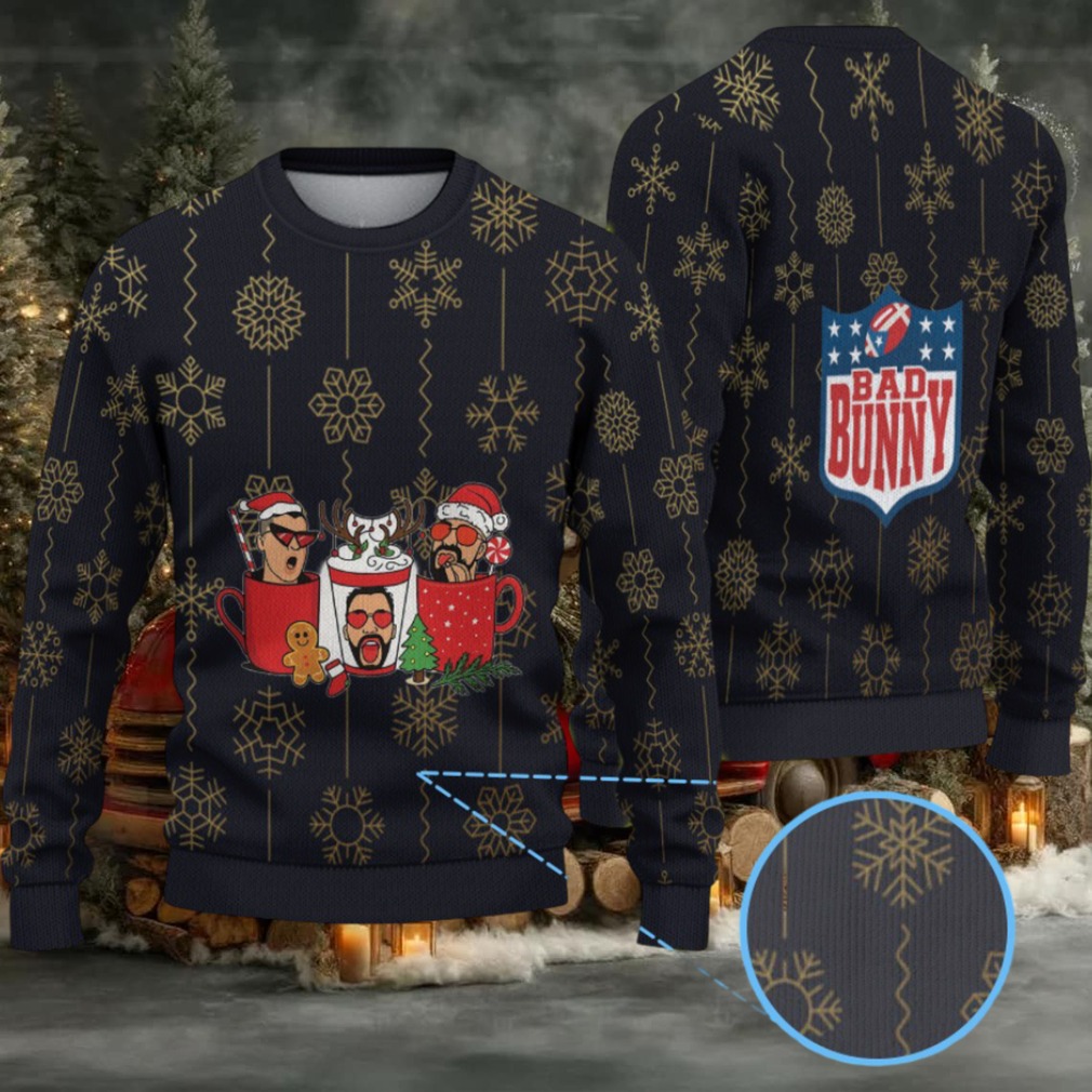 Black & Gold Snowflake Pattern “Bad Bunny Cocoa Crew” Ugly Christmas Sweater Black & Gold Snowflake Pattern “Bad Bunny Cocoa Crew” Ugly Christmas Sweater