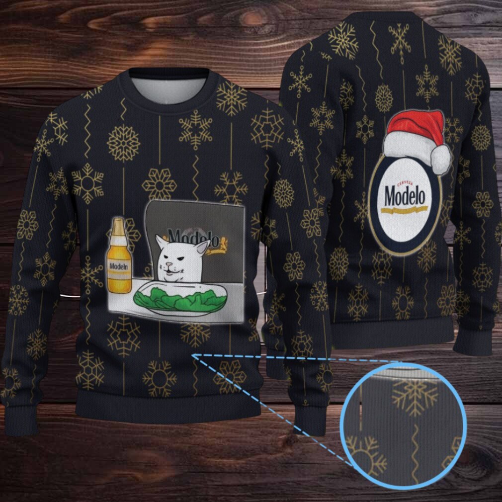 Black & Gold Snowflake Pattern “Modelo Beer Cat Meme & Santa Hat” Ugly Christmas Sweater Black & Gold Snowflake Pattern “Modelo Beer Cat Meme & Santa Hat” Ugly Christmas Sweater