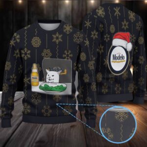 Black & Gold Snowflake Pattern “Modelo Beer Cat Meme & Santa Hat” Ugly Christmas Sweater