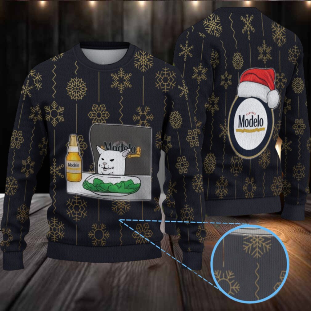 Black & Gold Snowflake Pattern “Modelo Beer Cat Meme & Santa Hat” Ugly Christmas Sweater Black & Gold Snowflake Pattern “Modelo Beer Cat Meme & Santa Hat” Ugly Christmas Sweater