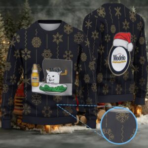 Black & Gold Snowflake Pattern “Modelo Beer Cat Meme & Santa Hat” Ugly Christmas Sweater